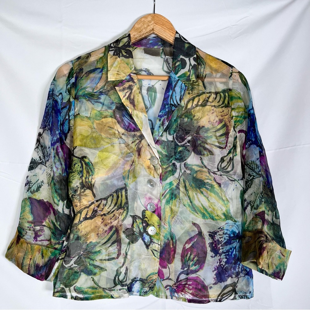 Chico’s Blouse Cottagecore Crop Top Leaf Print Button Up 3/4 Sleeve Size‎ 0 Silk